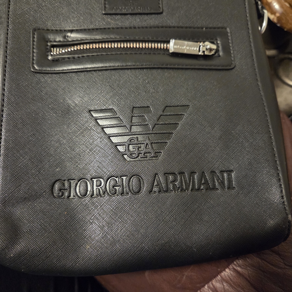 Giorgio Armani Black Leather Embossed Logo Belt Bag